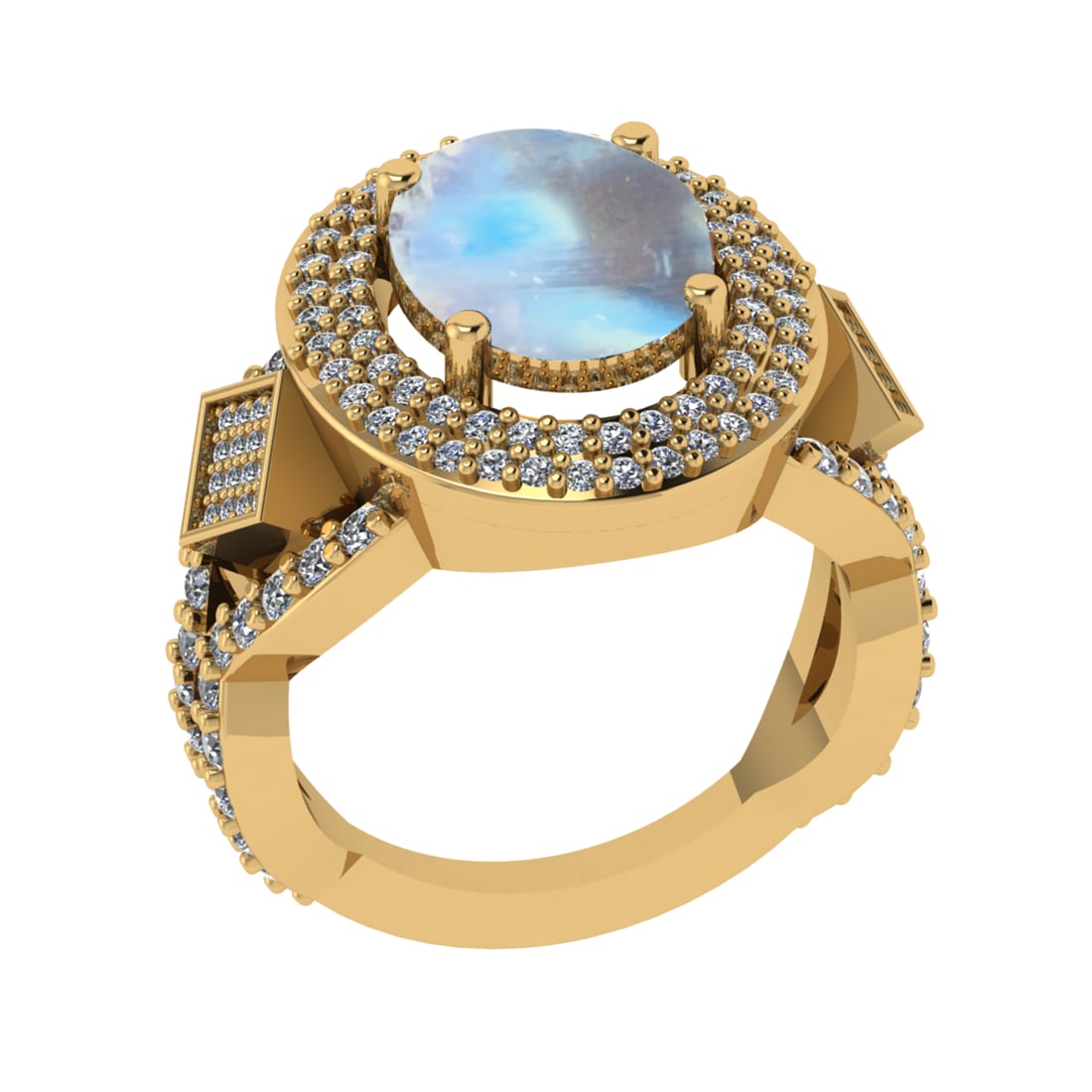 6.37 Ctw I2/I3 Rainbow Moonstone And Diamond 10K Yellow Gold Engagement Rin: Center Stone Weight : 5.35 Ctw ( Oval Cab ) Center Stone Color : Rainbow Moonstone Stone Setting : Prong Side Diamond Weight Of Ctw 1.02 Ctw Side Stone Color : J-K Stone Clarity : I2/I3 Stone Setting