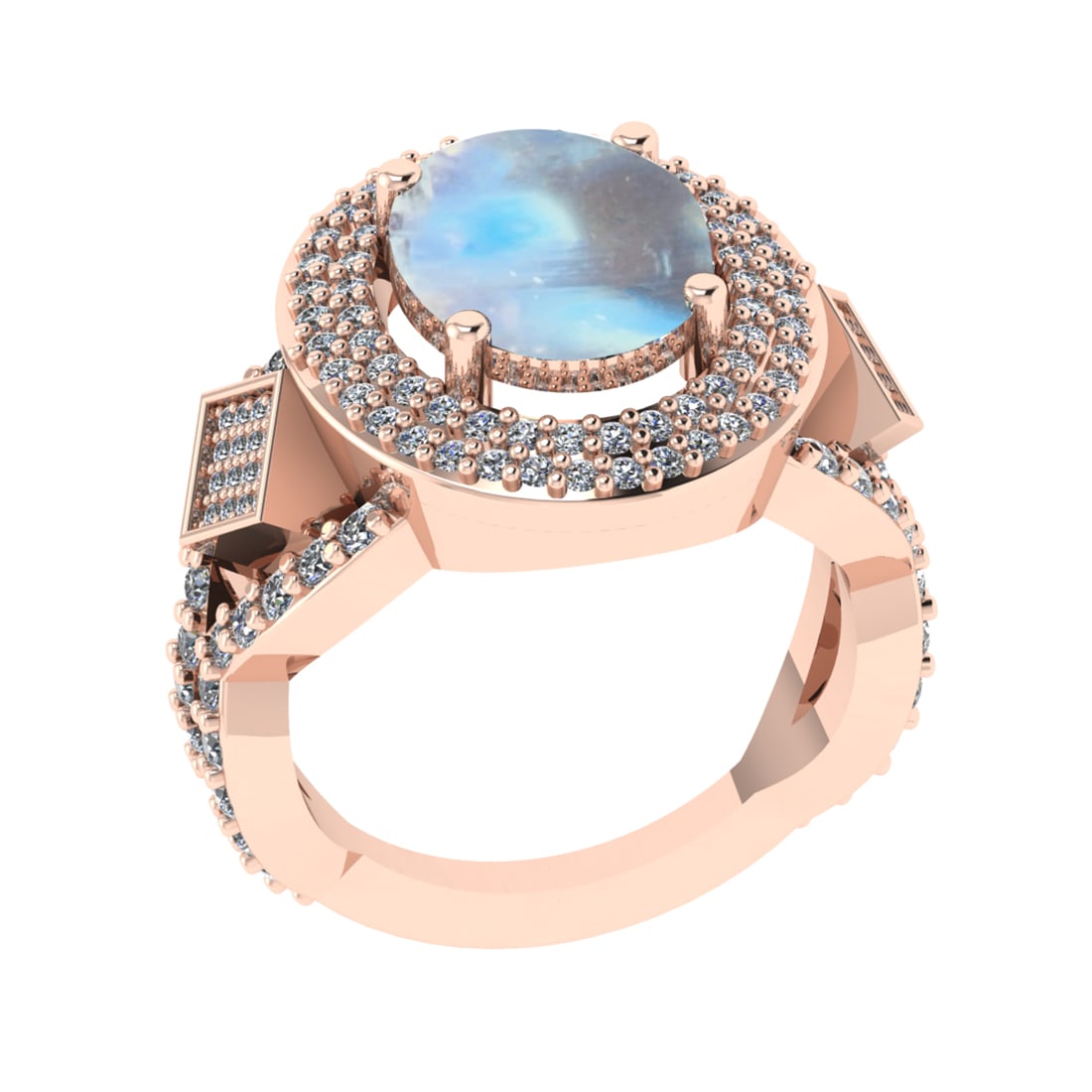 6.37 Ctw I2/I3 Rainbow Moonstone And Diamond 10K Rose Gold Engagement Ring(: Center Stone Weight : 5.35 Ctw ( Oval Cab ) Center Stone Color : Rainbow Moonstone Stone Setting : Prong Side Diamond Weight Of Ctw 1.02 Ctw Side Stone Color : J-K Stone Clarity : I2/I3 Stone Setting
