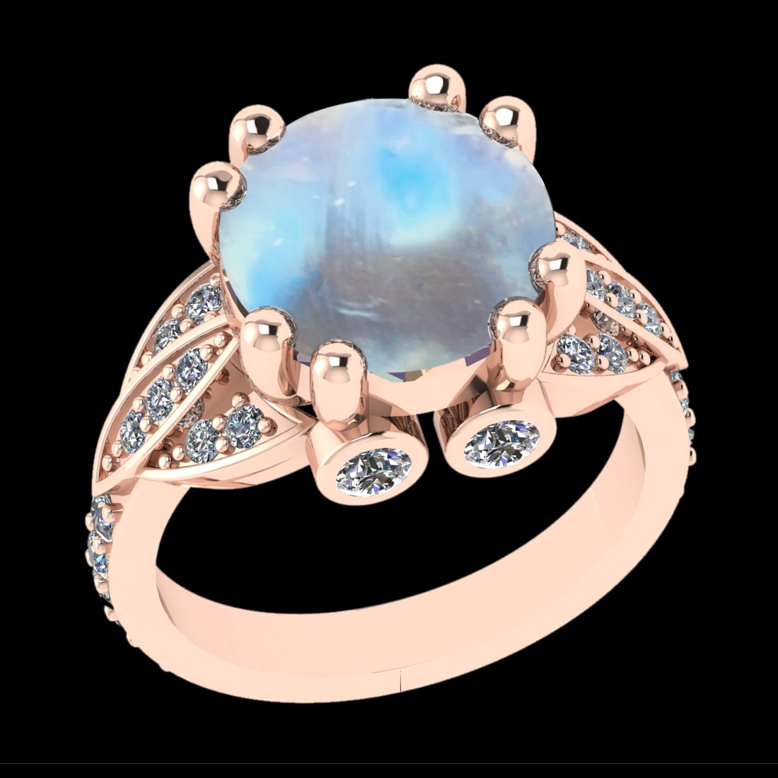 7.18 Ctw VS/SI1 Rainbow Moonstone And Diamond 14K Rose Gold Engagement Ring: Center Stone Weight : 6.46 Ctw ( Round Cab ) Center Stone Color : Rainbow Moonstone Stone Setting : Prong Side Diamond Weight Of Ctw 0.72 Ctw Side Stone Color : J-K Stone Clarity : VS/SI1 Stone Settin