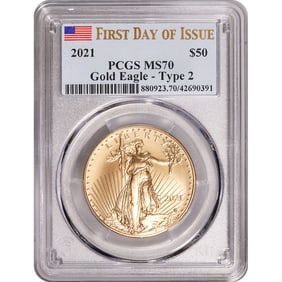 Certified American $50 Gold Eagle 2021 MS70 T-2 PCGS First Day of Issue