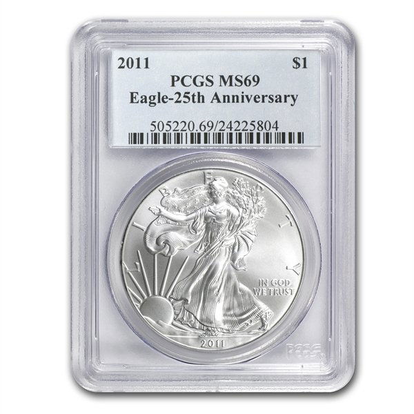 2011 Silver American Eagle - MS-69 PCGS - 25th Annivers: 2011 Silver American Eagle - MS-69 PCGS - 25th Annivers **|**|** 2011 Silver American Eagle - MS-69 PCGS - 25th Anniversary