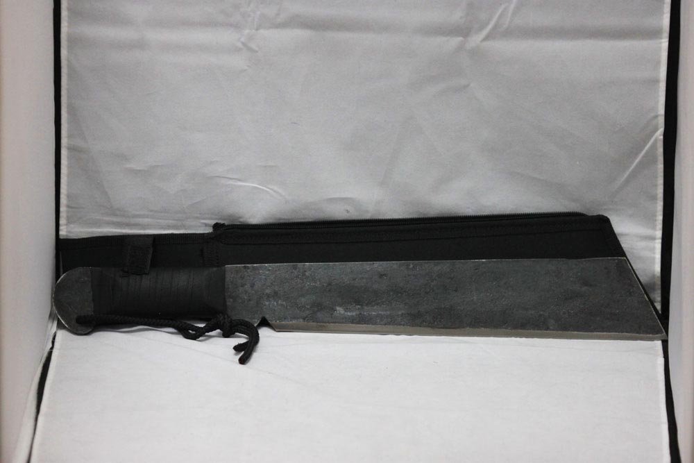 REPLICA RAMBO IV 19" HUNTING KNIFE MACHETE R: REPLICA RAMBO IV 19" HUNTING KNIFE MACHETE R **|**|** COMPLETE LENGTH 19" BLADE LENGTH 13" HANDLE LENGTH 6" OVERALL KNIFE-FORGED CARBON STEEL BLADE THICK BLADE **ZIPPER IS DEFECTIVE**