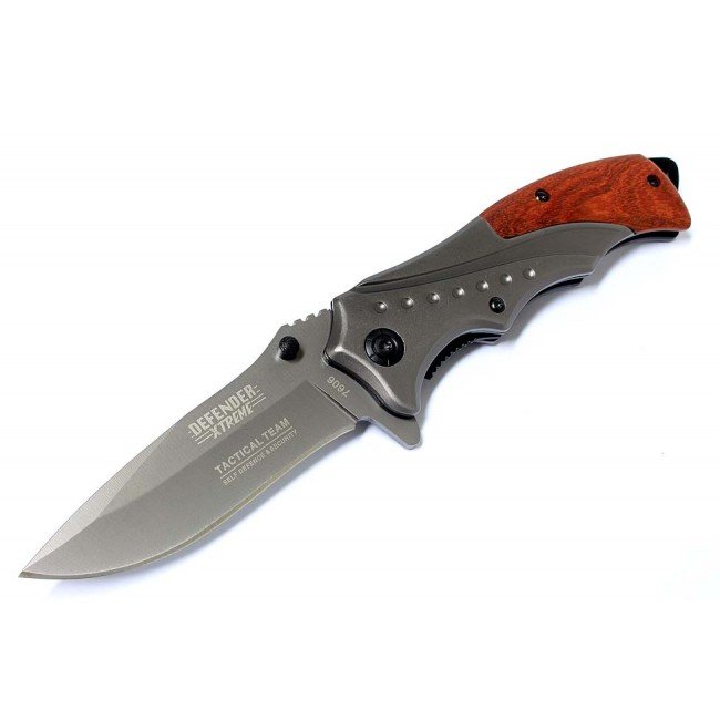 GREY & WOOD HANDLE SPRING ASSISTED 8" FOLDING KNIFE W/: GREY & WOOD HANDLE SPRING ASSISTED 8" FOLDING KNIFE W/ **|**|** GREY & WOOD HANDLE SPRING ASSISTED 8" FOLDING KNIFE W/ CLIP