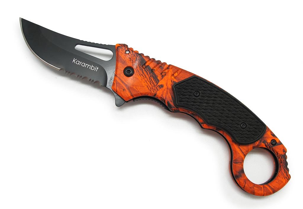 8.25" ORANGE CAMO SPRING ASSISTED KARAMBIT KNIFE W/CLIP: 8.25" ORANGE CAMO SPRING ASSISTED KARAMBIT KNIFE W/CLIP **|**|** 8.25" ORANGE CAMO SPRING ASSISTED KARAMBIT KNIFE W/CLIP