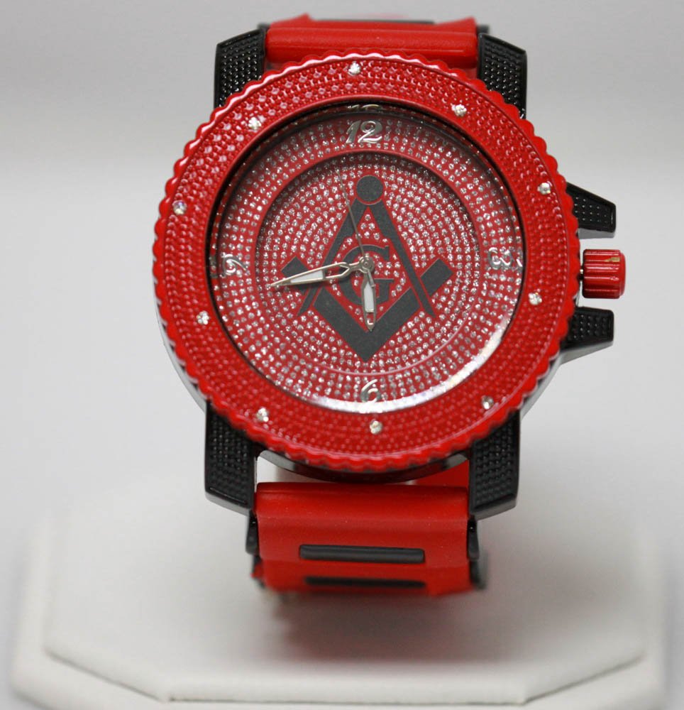 RED AND BLACK MASONIC WATCH W/ STUDDED SILVER: RED AND BLACK MASONIC WATCH W/ STUDDED SILVER **|**|** RED AND BLACK MASONIC WATCH W/ STUDDED SILVER W/ MASONIC G SYMBOL