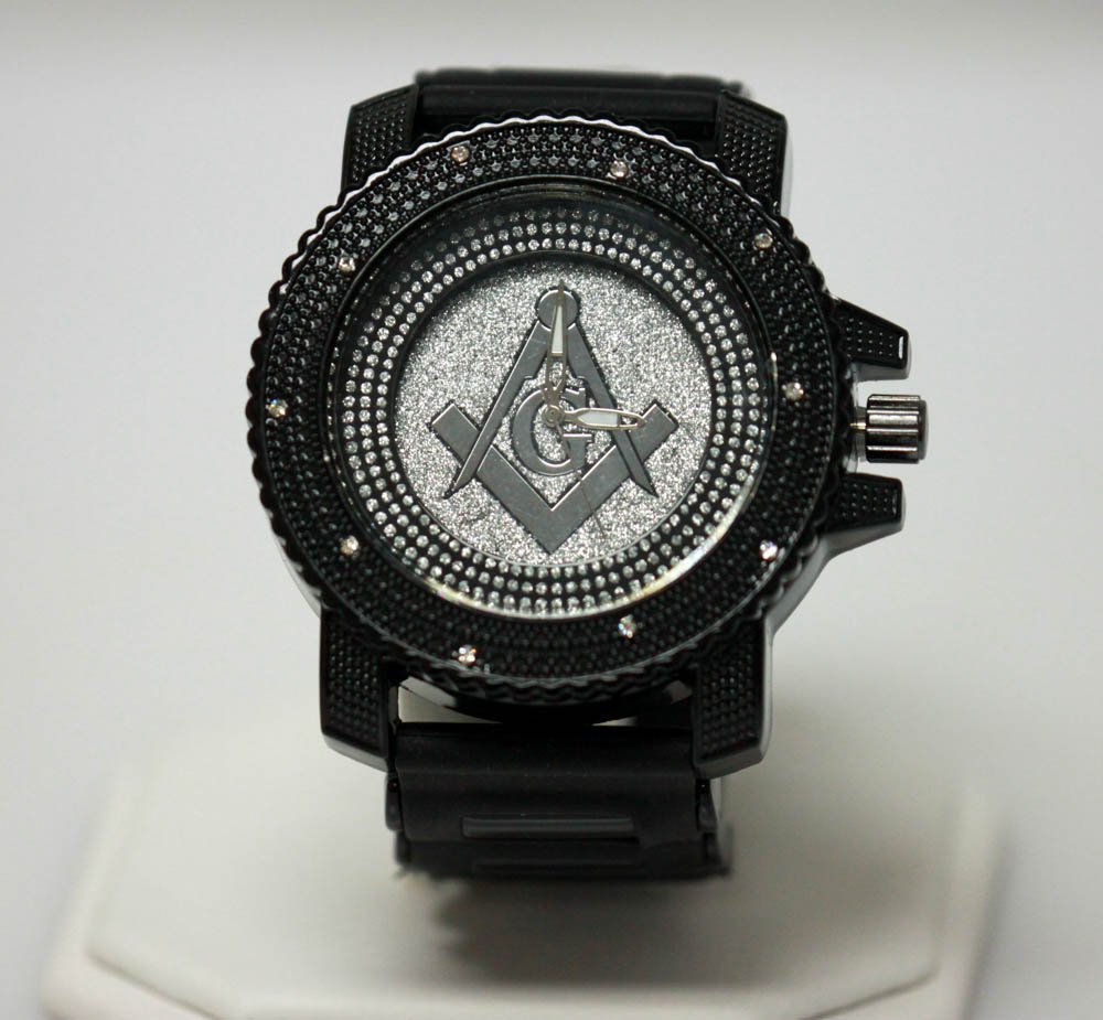 MODERN BLACK MASONIC WATCH WITH SILVER BACK GROUND: MODERN BLACK MASONIC WATCH WITH SILVER BACK GROUND **|**|** MODERN BLACK MASONIC WATCH WITH SILVER BACK GROUND AND BLACK RUBBER STRAP W/ SILVER MASONIC G SYMBOL