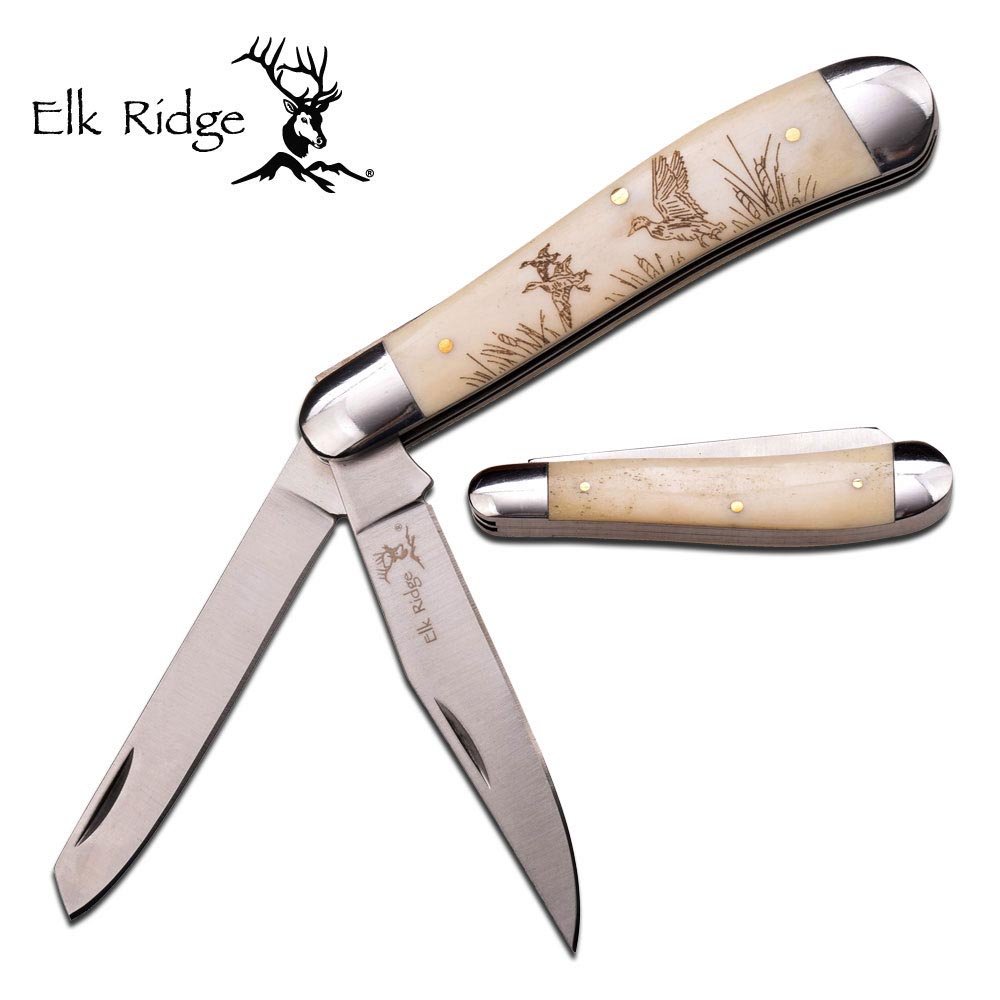 ELK RIDGE 4" CLOSED TRAPPER KNIFE W/OX BONE INSERT AND: ELK RIDGE 4" CLOSED TRAPPER KNIFE W/OX BONE INSERT AND **|**|** ELK RIDGE 4" CLOSED TRAPPER KNIFE W/OX BONE INSERT AND DCK ARTWORK