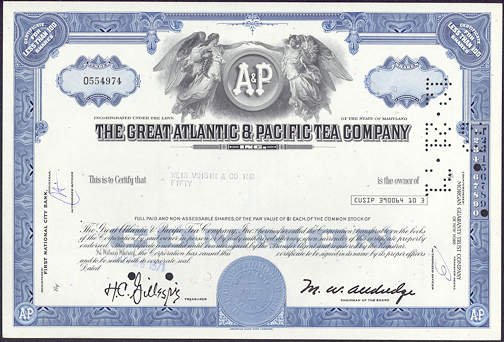Stock Certificate from the Great Atlantic & Pacific Tea: Stock Certificate from the Great Atlantic & Pacific Tea **|**|** Vintage 12" wide stock certificate from The Great Atlantic and Pacific Tea Company (A & P). The dates vary on these, but they are all f