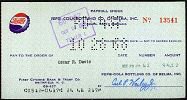 1960s Pepsi Payroll Check: 1960s Pepsi Payroll Check **|**|** Neat vintage 6 1/2" wide Pepsi payroll checks found in the old Pepsi bottling plant in Selma, NC. Has a picture of a bottle cap with the single dot logo. Nice condit
