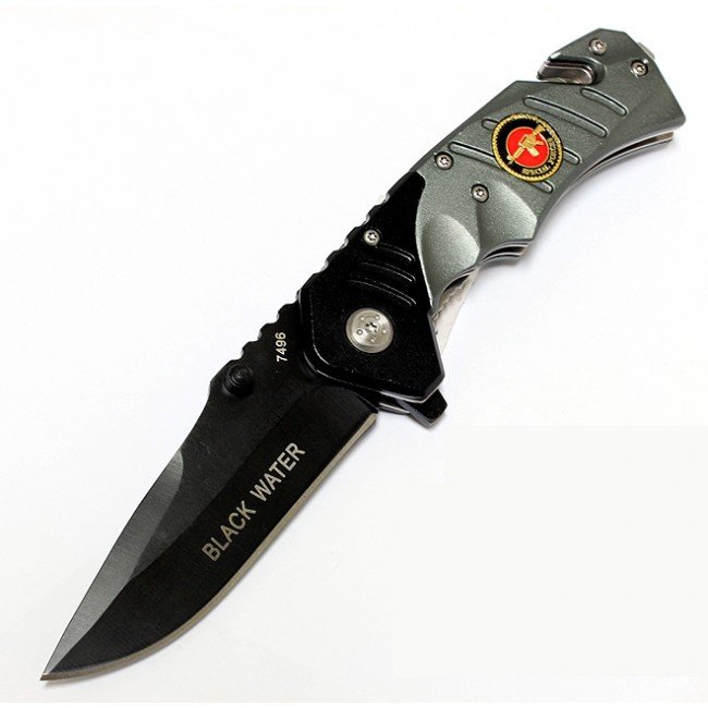 8" SILVER/BLACK SPRING ASSISTED BLACK WATER COLLECTION: 8" SILVER/BLACK SPRING ASSISTED BLACK WATER COLLECTION **|**|** 8" SILVER/BLACK SPRING ASSISTED BLACK WATER COLLECTION KNIFE W/ BELT CUTTER & CLIP