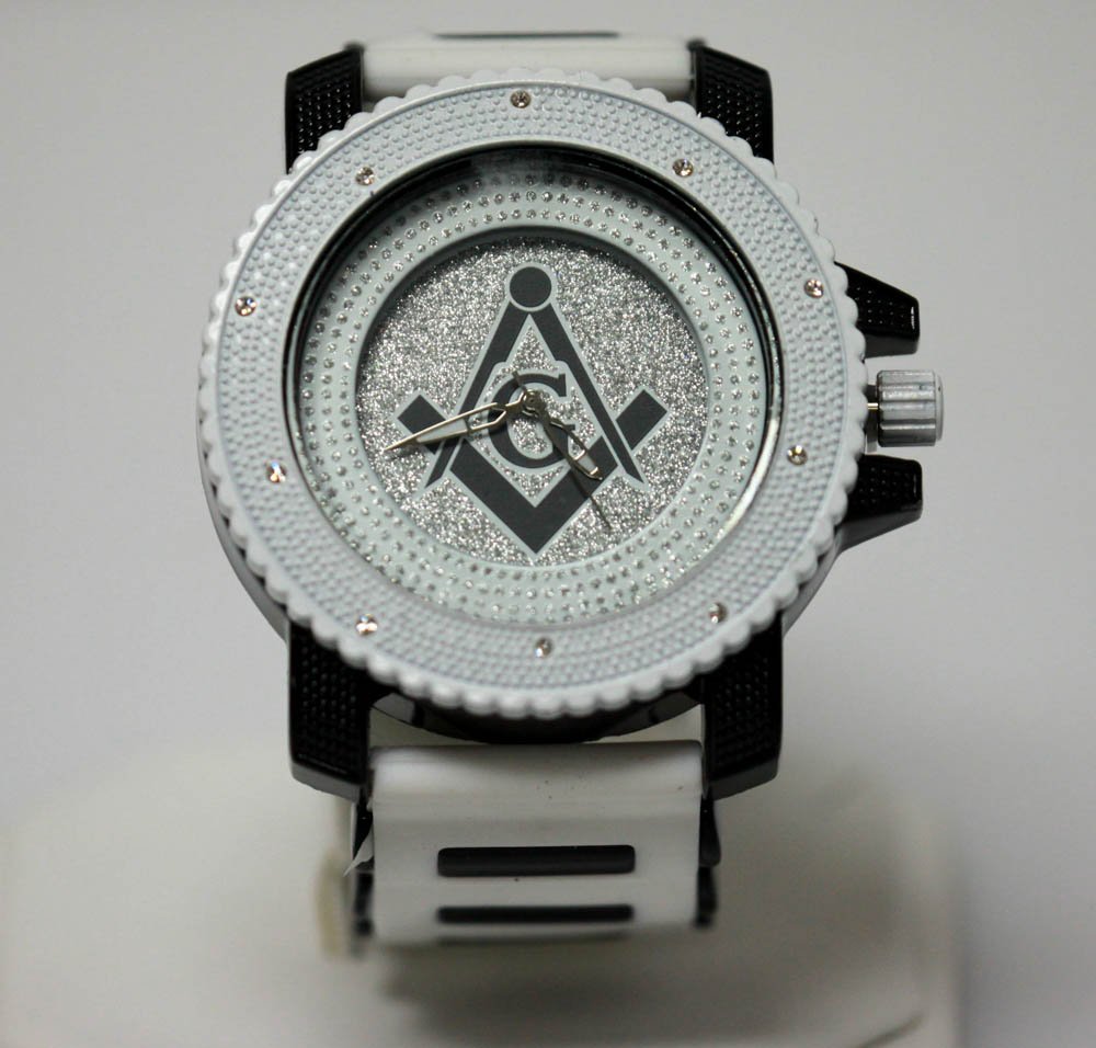 INTRIGUING WHITE AND BLACK MASONIC WATCH W/SILVER BACK: INTRIGUING WHITE AND BLACK MASONIC WATCH W/SILVER BACK **|**|** INTRIGUING WHITE AND BLACK MASONIC WATCH W/SILVER BACK GROUND W/ WHITE RUBBER STRAP AND BLACK MASONIC G SYMBOL