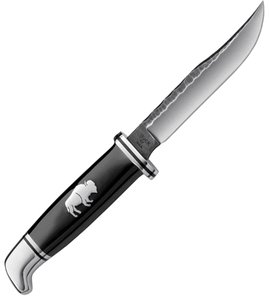 LIMITED EDITION BUCK CHIPFLINT & BUFFALO KNIFE: LIMITED EDITION BUCK CHIPFLINT & BUFFALO KNIFE **|**|** 7 3/4" overall. 4" chip flint 420HC stainless clip blade. Black buffalo horn handle with nickel silver guard and pommel. Buffalo inlay shield. B