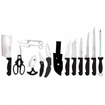 Maxam 15pc Outdoorsman's Set: Maxam 15pc Outdoorsman's Set **|**|** Includes 12-7/8" fillet knife, medium fillet knife, cleaver, small pocket knife, large pocket knife, large fixed blade skinning knife with gut hook and rubber han