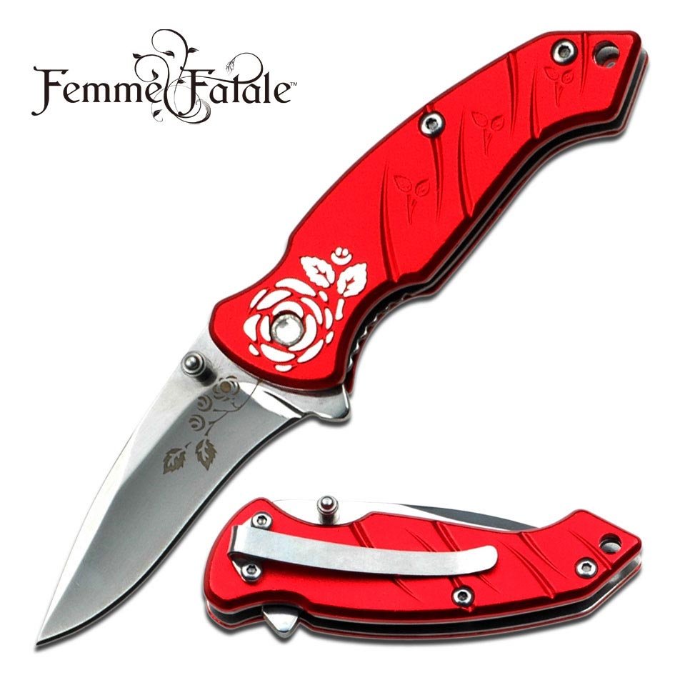 5" SPRING ASSISTED "ROSEBUD" FEMME FATALE RED KNIFE W/C: 5" SPRING ASSISTED "ROSEBUD" FEMME FATALE RED KNIFE W/C **|**|** 5" SPRING ASSISTED "ROSEBUD" FEMME FATALE RED KNIFE W/CLIP #11497v2