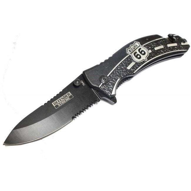 ROUTE 66 DESIGN SERRATED STAINLESS STEEL 8" SPRING ASSI: ROUTE 66 DESIGN SERRATED STAINLESS STEEL 8" SPRING ASSI **|**|** ROUTE 66 DESIGN SERRATED STAINLESS STEEL 8" SPRING ASSISTED KNIFE #77507v1