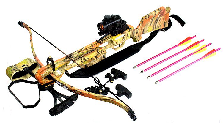 160LBS WOODLAND CAMOUFLAGE HUNTING CROSSBOW COMES W/RED: 160LBS WOODLAND CAMOUFLAGE HUNTING CROSSBOW COMES W/RED **|**|** 160LBS WOODLAND CAMOUFLAGE HUNTING CROSSBOW COMES W/RED DOT SIGHT, QUIVER, 4 ARROWS, AND A SHOULDER SLING #39693v2