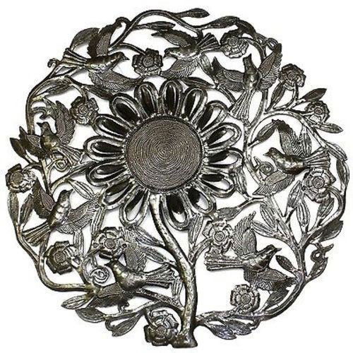 Sunflower and Birds Metal Wall Art 24-inch Diameter - C: Sunflower and Birds Metal Wall Art 24-inch Diameter - C **|**|** Hand cut and embossed from metal oil drums by Haitian artisans #HMDSFWR-RR1-6 #86610v2