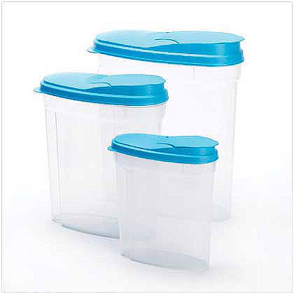3-Piece Storage Containers: 3-Piece Storage Containers **|**|** Stop throwing away those cereals, pastas and other dry goods! These roomy containers cut your food bill and keep your favorite foods fresh and delicious. A smart ad