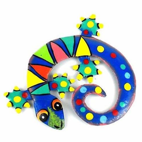 Hand Painted Round Metal Gecko Tropical Design - Caribb: Hand Painted Round Metal Gecko Tropical Design - Caribb **|**|** Hand-cut from steel drums by Haitian artisans #MDBE99-535014 #87211v2