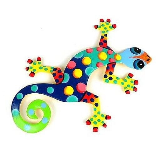 Eight Inch Metal Gecko Florida Design - Caribbean Craft: Eight Inch Metal Gecko Florida Design - Caribbean Craft **|**|** This gecko is handmade in Haiti from recycled oil drums. Each has a small hook to hang the piece and is painted with a bright colorful
