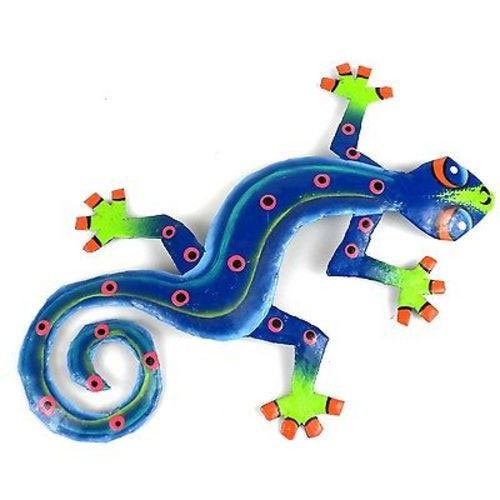 Eight Inch Blue Green Metal Gecko - Caribbean Craft: Eight Inch Blue Green Metal Gecko - Caribbean Craft **|**|** This gecko is handmade in Haiti from recycled oil drums. Each has a small hook to hang the piece and is painted with a bright colorful desi