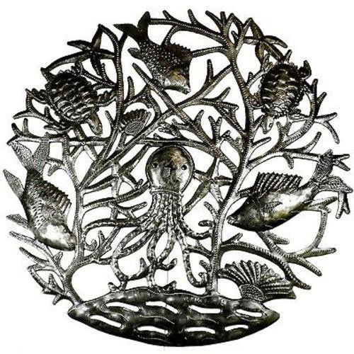 24-inch Octopus in Coral Metal Art - Croix des Bouquets: 24-inch Octopus in Coral Metal Art - Croix des Bouquets **|**|** Haitian artisans hand cut and embossed from steel oil drums this 24-inch diameter piece depicting an octopus in coral. The natural pati