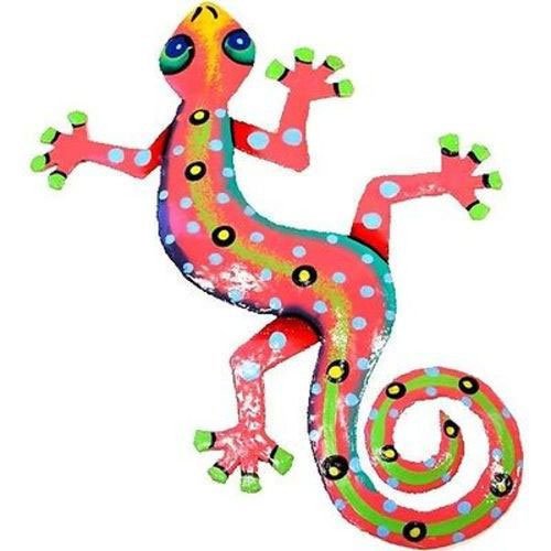 Eight Inch Pink Metal Gecko - Caribbean Craft: Eight Inch Pink Metal Gecko - Caribbean Craft **|**|** This gecko is handmade in Haiti from recycled oil drums. It has a small hook to hang the piece and is painted with a bright colorful design inspi