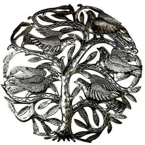 24-inch Tree of Life with 3-D Birds Metal Art - Croix d: 24-inch Tree of Life with 3-D Birds Metal Art - Croix d **|**|** Haitian artisans hand cut and embossed from steel oil drums this 24-inch diameter piece depicting birds with 3-dimensional wings. The n