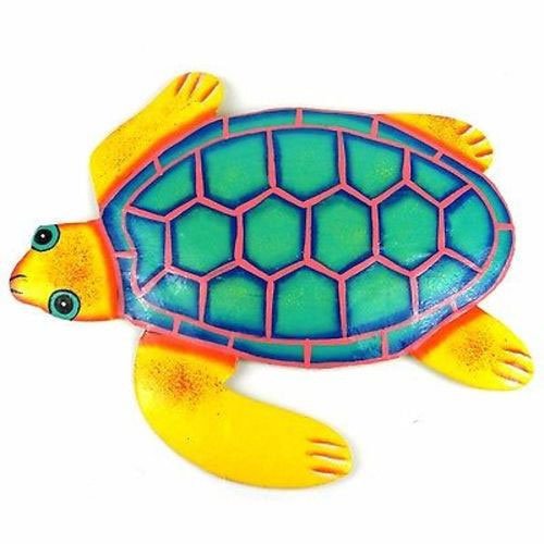 Hand Painted Metal Turtle Yellow and Teal Design - Cari: Hand Painted Metal Turtle Yellow and Teal Design - Cari **|**|** Hand-cut from steel drums by Haitian artisans #MDE99799-535020 #87214v2