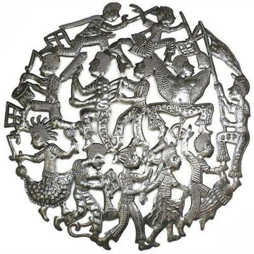 24-inch Rara Band Metal Wall Art - Croix des Bouquets: 24-inch Rara Band Metal Wall Art - Croix des Bouquets **|**|** Haitian artisans hand cut and embossed from steel oil drums this 24-inch diameter piece depicting a Haitian Rara band. With a high-gloss