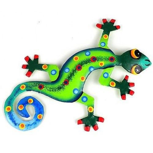Eight Inch Metal Gecko Jungle Design - Caribbean Craft: Eight Inch Metal Gecko Jungle Design - Caribbean Craft **|**|** This gecko is handmade in Haiti from recycled oil drums. Each has a small hook to hang the piece and is painted with a bright colorful d