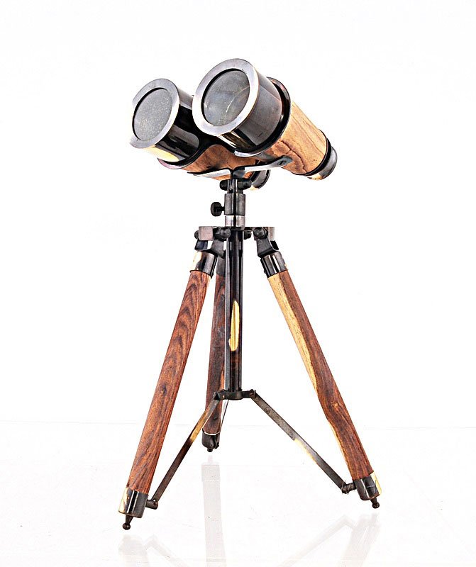 BRASS AND WOOD BINOCULAR ON STAND: BRASS AND WOOD BINOCULAR ON STAND **|**|** Based on a 19th century design, these Victorian binoculars were the next big invention in eyewear after the single lens telescope. The tripod stand allowed f