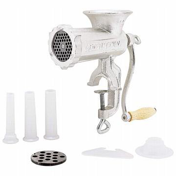 LaCuisine #10 Hand-Operated Meat Grinder: LaCuisine #10 Hand-Operated Meat Grinder **|**|** Includes #10 meat grinder, #10 cutting plate and 3 funnel attachments. Features electro-plated tin construction. Grinds 3lbs per minute. Measures 11-7