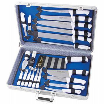 Slitzer 22pc Professional Cutlery Set in Case: Slitzer 22pc Professional Cutlery Set in Case **|**|** Each ergonomically designed, well-balanced knife features full-tang construction for heavy-duty durability. Blades are finished with satin polish