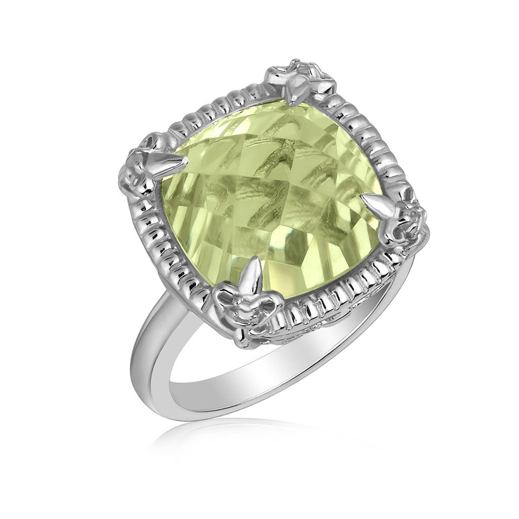 Sterling Silver Green Amethyst and White Sapphires Fleu: Sterling Silver Green Amethyst and White Sapphires Fleu **|**|** This ring exudes class and style with its green amethyst milgrained stone and white sapphire embellished fleur de lis prong motifs. A p