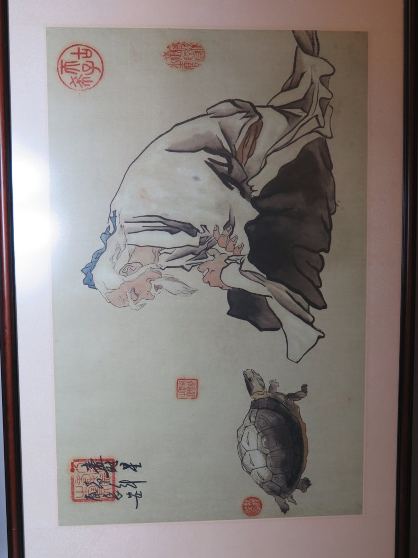 Japanese woodblock Print of an Old Man and a Turtle: 17th to 18th C, 25"x26.5".