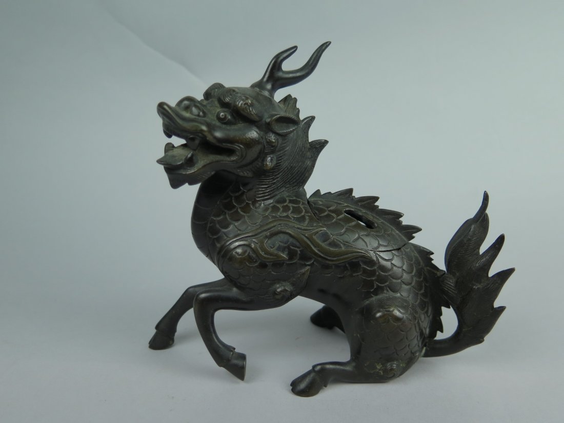 A Bronze Qilin Incense Burner and Cover Qing Dyn.: H:16.5cm