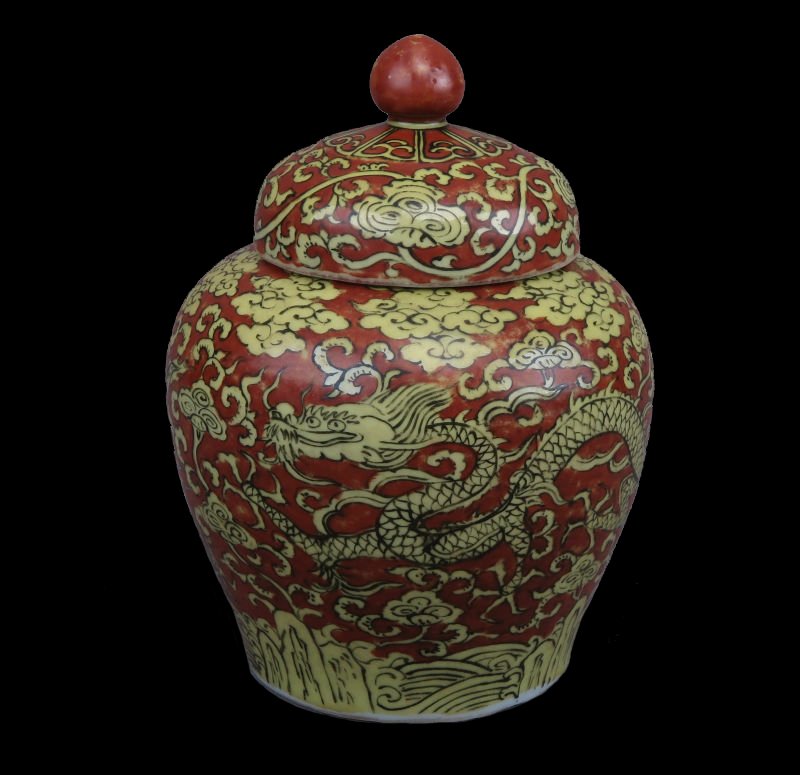 A Chinese Red Ground Gilt-Decorated Cloud And Dragon (1 of 6)