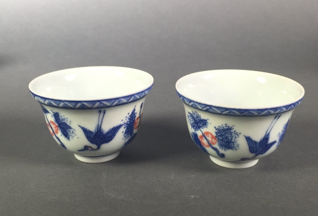 A Pair of Blue and White Wine Cups: A Pair of Blue and White Wine Cups. Dimension:
