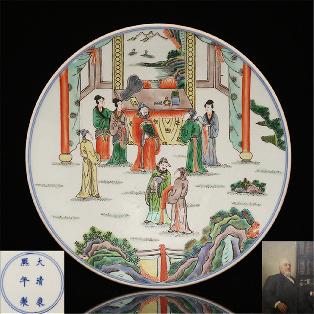 Qing Kangxi multicolored characters story plate: Qing Kangxi multicolored characters story plate Dimensions: height 3.80CM diameter 21.70CM bottom diameter 14.00CM PROVENANCE:Mr. John Smith is the chairman of a private collector, real estate agent,