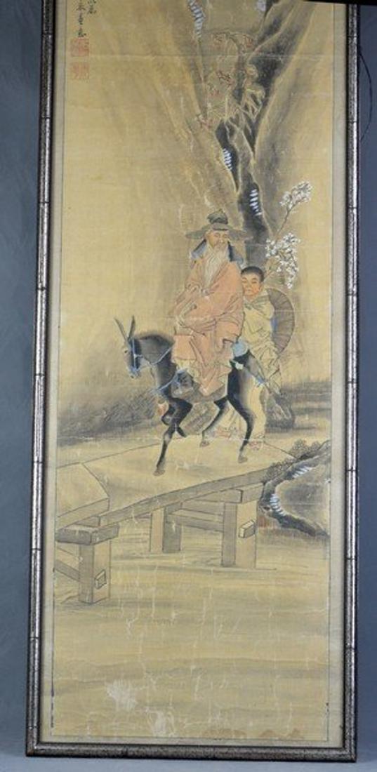 Silk Painting of An Old Man Riding: A silk painting of an old man and a child riding a donkey over a river by Wu Rong Gun in Qing Dynasty.H:56" W:15".