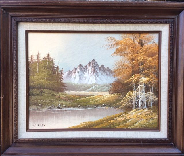 Signed 4 Ross ( Bob Ross) Oil Paiting on Canvas ,oak f: Signed 4 Ross ( Bob Ross?) Oil Paiting on Canvas ,oak frame 23 x 18”, Pic, 16x 12”