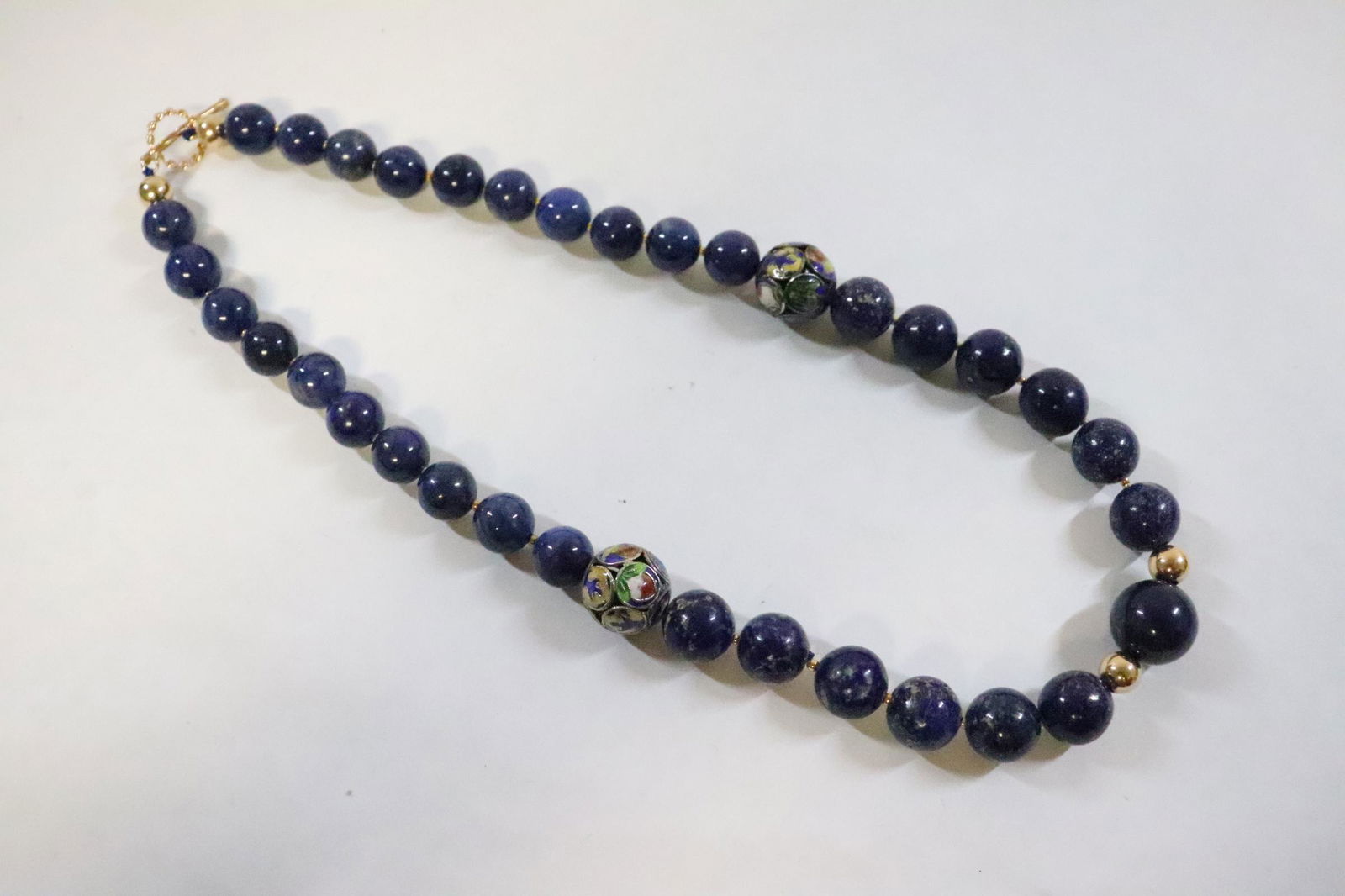 Chinese lapis bead necklace w/ 18K GP Beads & Hook, (1 of 6)