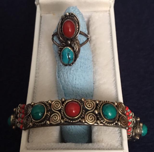 A Coral & Turquoise Bracelet and Ring. Bracelet L: 7", (1 of 6)