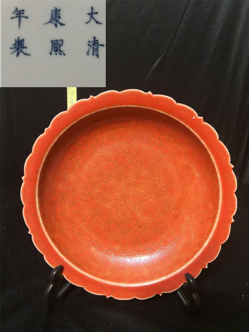 Qing Kangxi Chicken Blood Red Glaze Flower Port W 22cm (1 of 6)