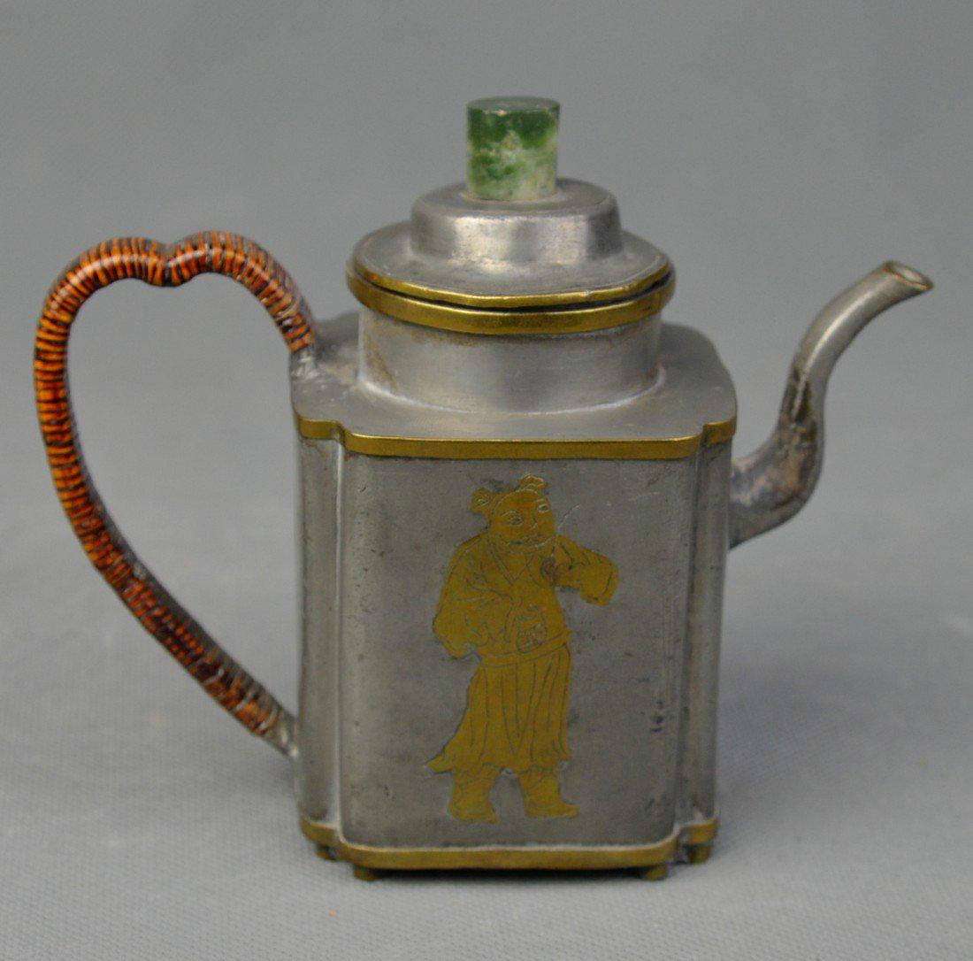 A Tin Teapot Planted in Gold Figures from Qing Dynasty (1 of 4)