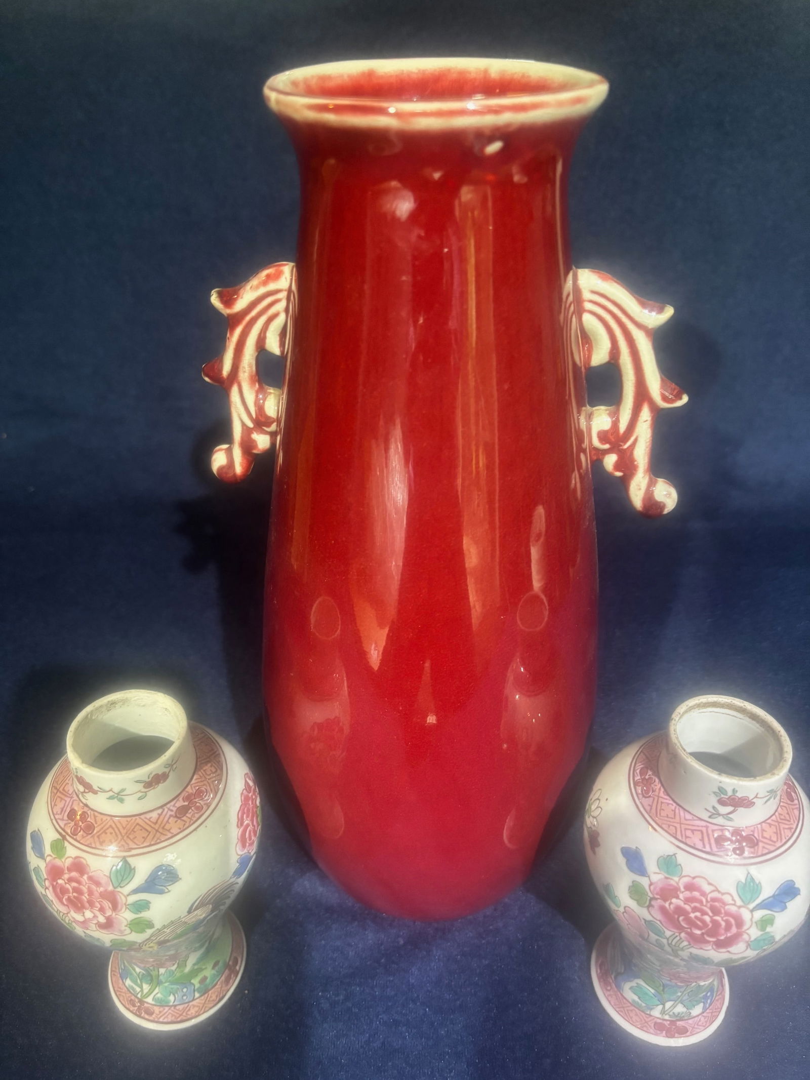An Ox-blood Glazed Vase w/ Phoenix tail ears, and a pair of Small vases (1 of 10)