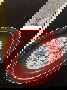 Ming Yongle sacrifice red glaze blue and white  phoenix pattern disk W22cm: Ming Yongle sacrifice red glaze blue and white phoenix pattern disk W22cm
