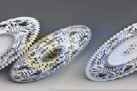 Ming Dynasty Xuande Year Blue and White Lotus Pond Swimming Fish Cover Bowl: Ming Dynasty Xuande Year Blue and White Lotus Pond Swimming Fish Cover Bowl Height 14.10CM Diameter 21.90CM Bottom Diameter 10.90CM