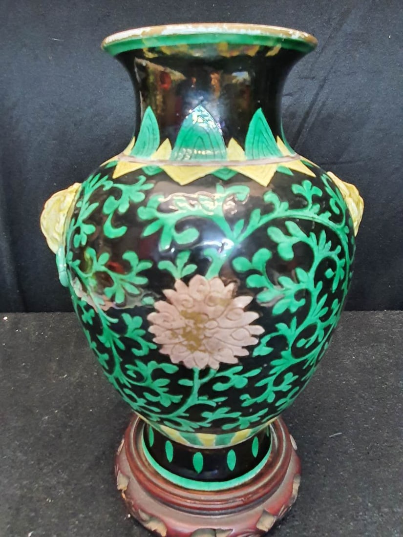 Ground Green Glazed Golden Elephant Ear Vase h 8 inch: Black Ground Green Glazed Golden Elephant Ear Vase h 8 inch
